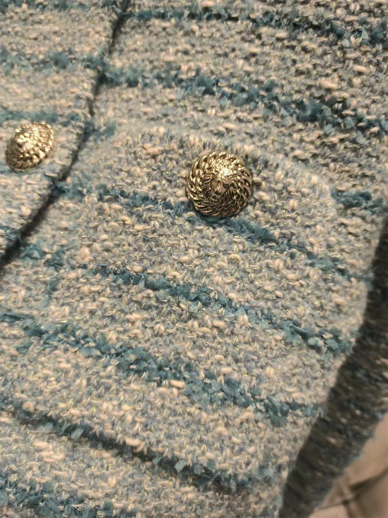 Women's Vintage Tweed Coat Long Sleeves Round Neck Knitted Metal Buttons Elegant Top