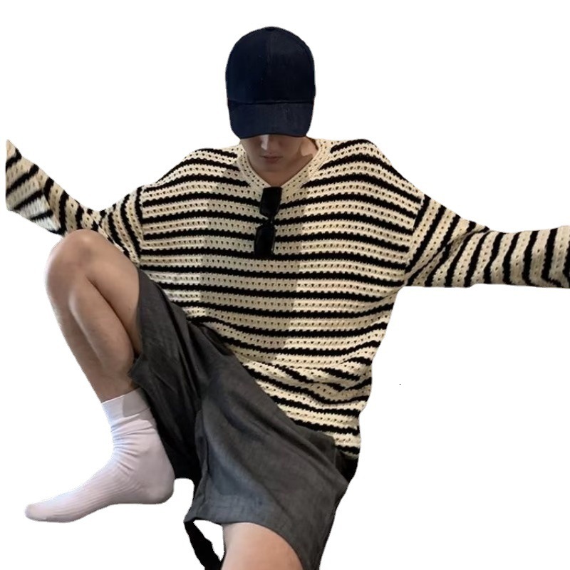 Autumn new lazy style round neck pullover long sleeved knitted men's striped hollow out handsome sweater bottom designer trendy hoodie