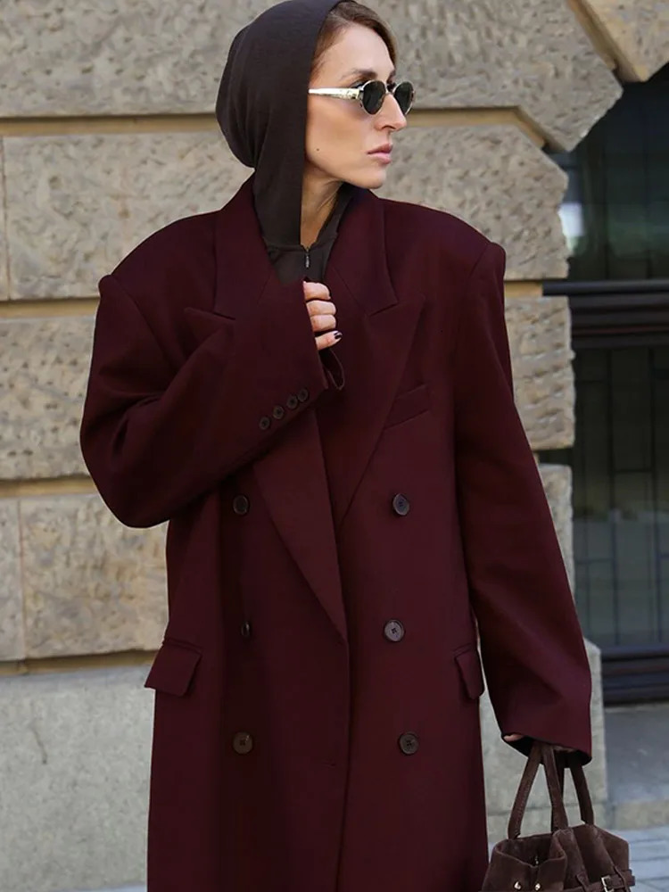 2024 Fashion Burgundy Lapel Overcoat For Women Elegant Double Breasted Full Sleeve Long Coat Autumn Female Casual Streetwear 241121