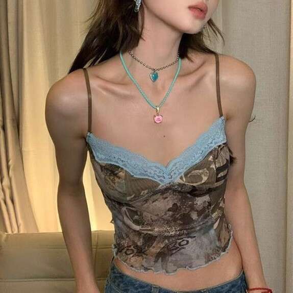 Qi Duo 2024 New Spicy Girl Sexy Beauty Slim Fit Open Back Suspended Printed Millennium Micro Transparent Tank Top