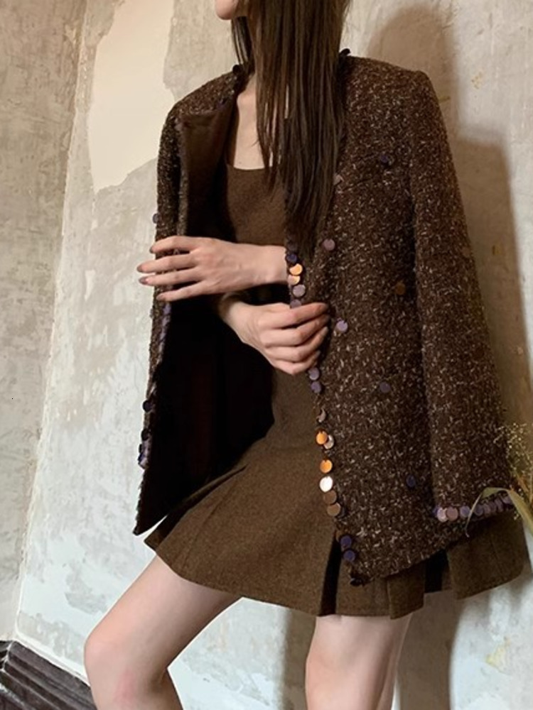 UCXQ Fashion Tweed Jacket Korean Style O Neck Sequin Splicing Cardigan All-Match Woven Woolen Coat Women 2024 Spring Autumn 1384