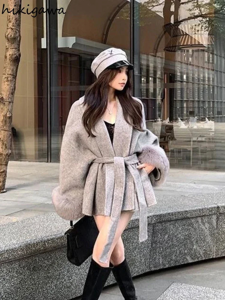 Fashion Coats for Women Patchwork Furry Long Sleeve Bandage Outwear Korean Y2k Clothing Temperament Solid Color Jackets 241121