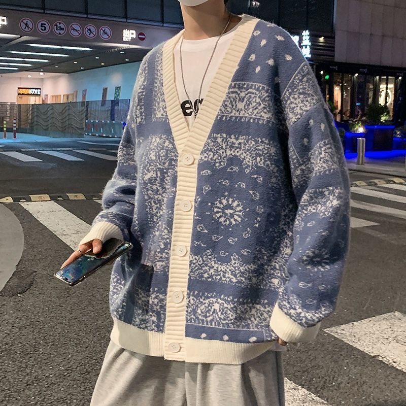 Winter new cardigan wool sweater men's fashion brand cashew flower loose Korean version lazy style knitted sweater top designer hoodie