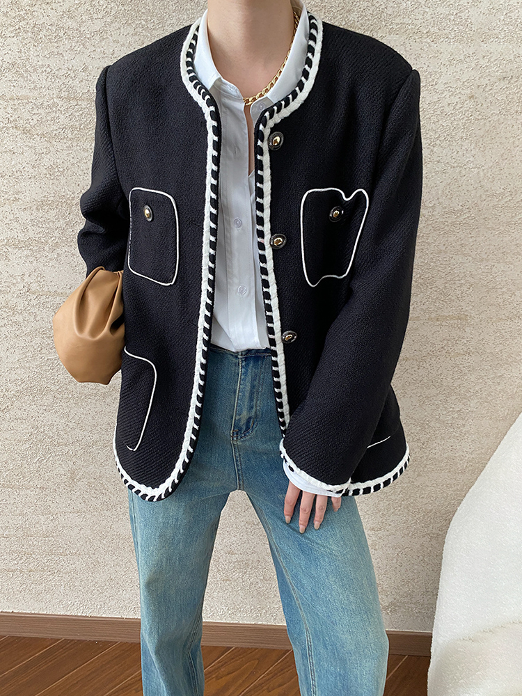 EOEN Fashion Women's Contrast Color Border Jacket Round Neck Loose Single Breasted Tweed Coat Autumn 2024 New