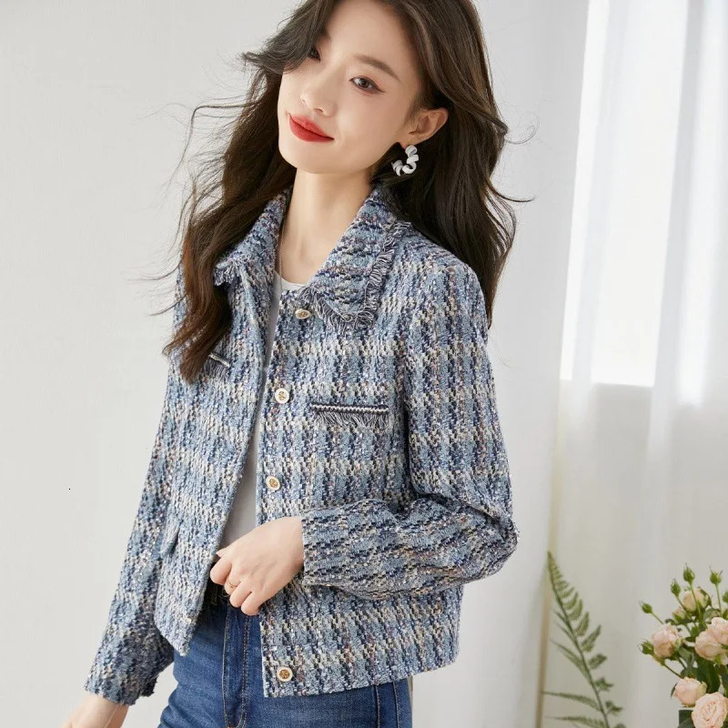 Vimly Plaid Tweed Cropped Jacket For Women 2024 Spring Patch Denim Design Elegant Fashion Lady Short Coat Female Outerwear Q101