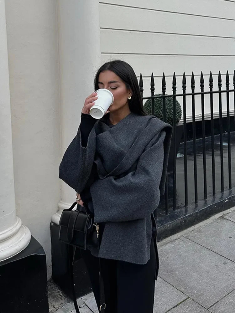 Slanted Shoulder Scarf Collar Woolen Jacket Women Long Sleeves Front Opening Soft Warm Coat Autumn Winter Lady Street Overcoat 241121