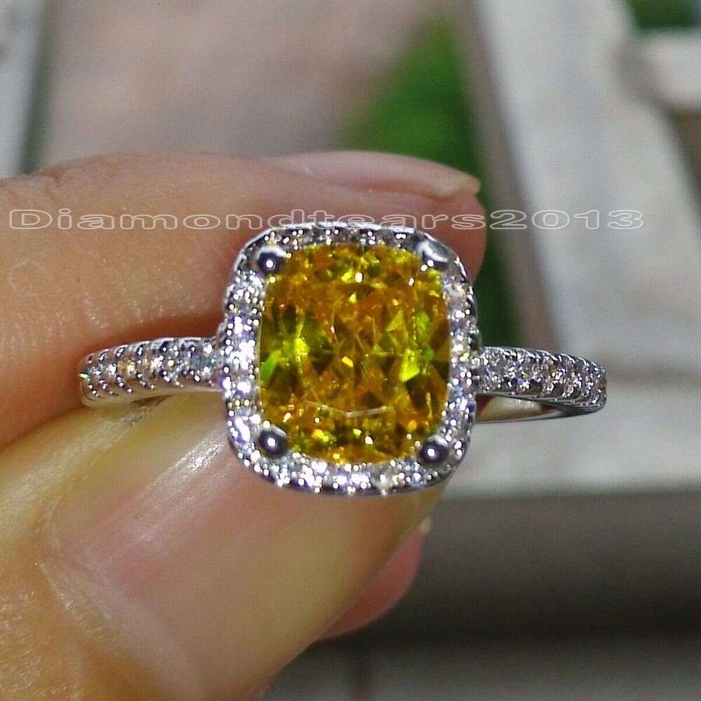 Sterg Sier Filled Yellow Princess Cut Topaz Gemstone Band Ring for Women, Sizes 5-10