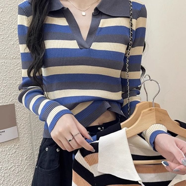 Winter Internet celebrity new stripe lapel long sleeve T-shirt knitted sweater designer women's fashionable chic top