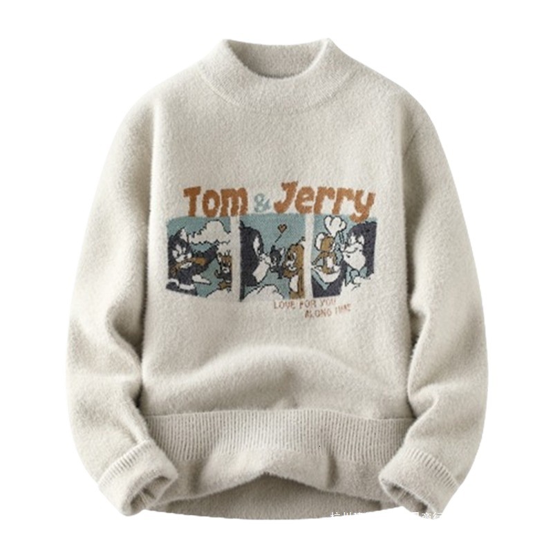 Winter New Thickened Warm Cartoon Couple Half High Collar Knitted Designer Sweater Men's Inner Tie Trendy Hoodie