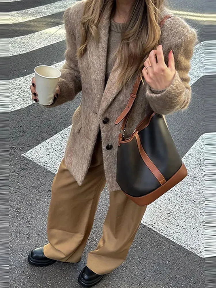 Retro Woolen Button Suit Coat Casual Loose Turndown Collar Gray Lady Autumn Winter Classic Elegant Street Outwear 241121