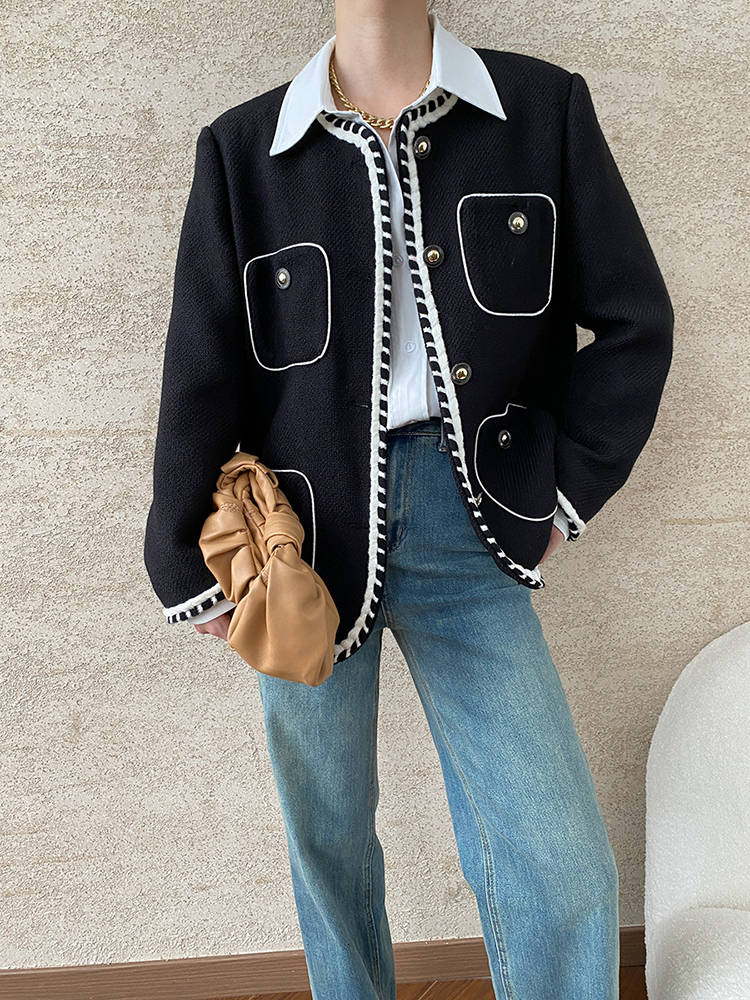 EOEN Fashion Women's Contrast Color Border Jacket Round Neck Loose Single Breasted Tweed Coat Autumn 2024 New