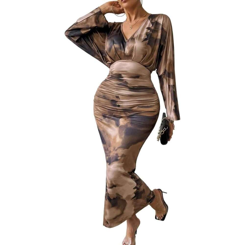 2024 Shein autumn new V-neck pleated women's sexy slim fit batwing sleeve dress