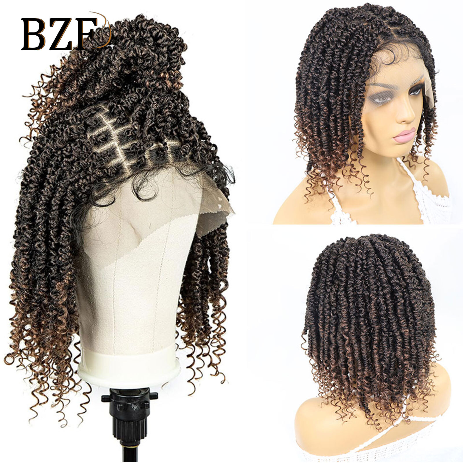 Short Passion Twist Wigs Curly Ends Square Part Blonde Bob Lace Front For Women Synthetic 12Inch Braided Wig