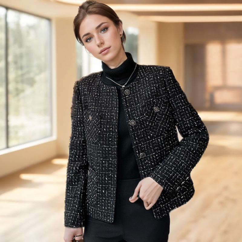French Small Fragrant Wool Coat For Women, Coarse Plaid Tweed Black Jacket, Shiny Silk, Round Neck, High Quality, New