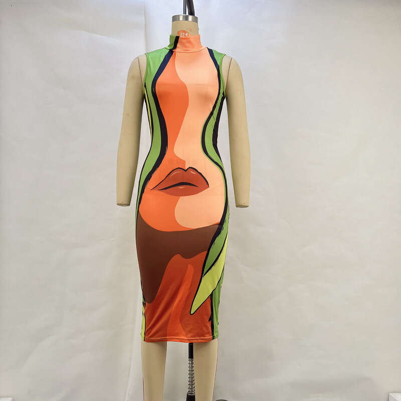 Women's 2024 new casual high neck sleeveless body lip print slim fit dress for women