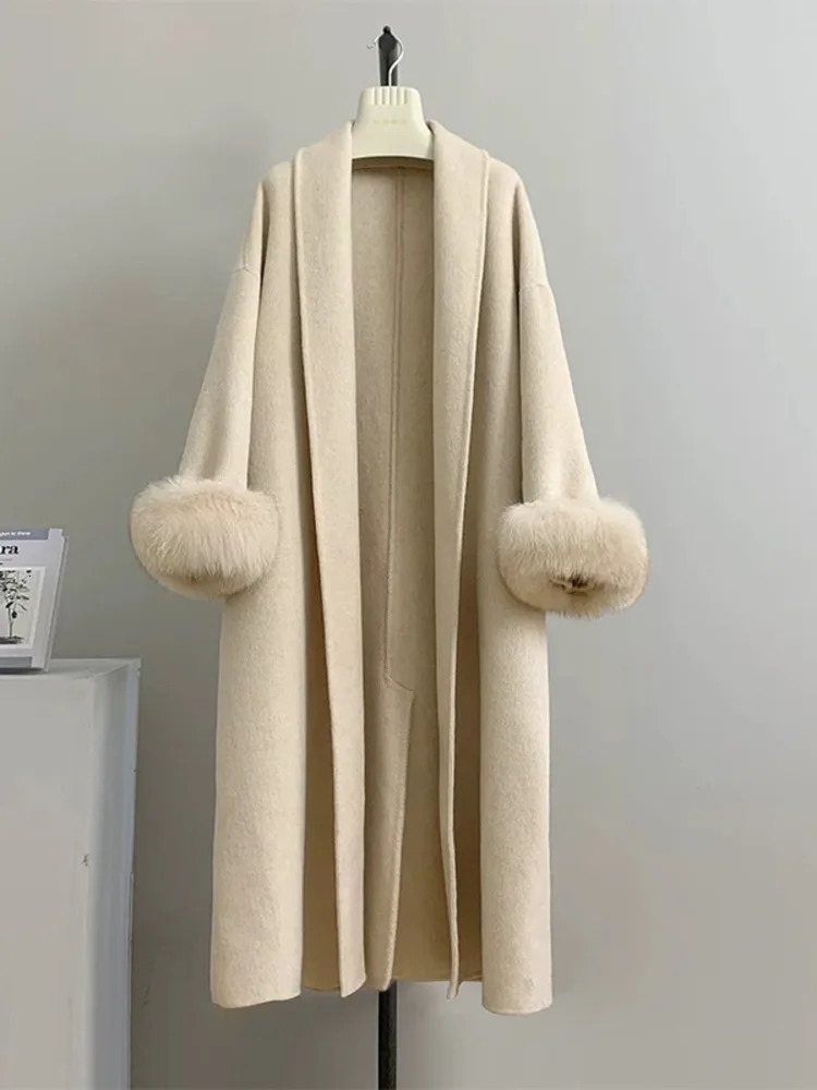 EOEN Womens Long Lapel Doublesided 2024 Autumn And Winter Item Solid Color Simple Detachable Cuffs Fur Wool Coat 241121