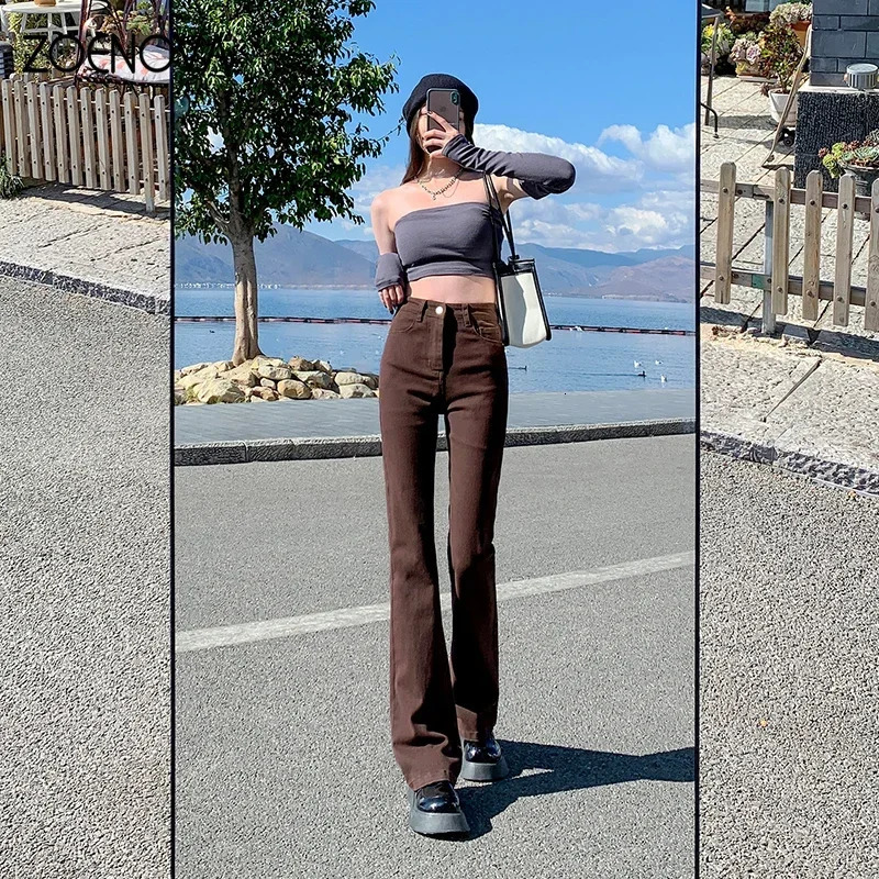 ZOENOVA Womens Brown Shining Jeans Elastic Tight Straight Summer Jeans rens Y2k Casual Street Clothing Retro Trousers 241122