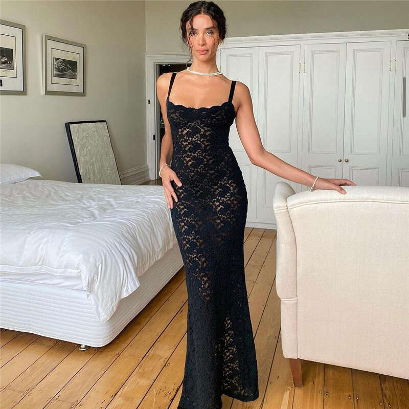 Feng 2024 New Women's Fashion One e Neck Sexy Perspective Lace Slim Fit Hanging Strap Dress