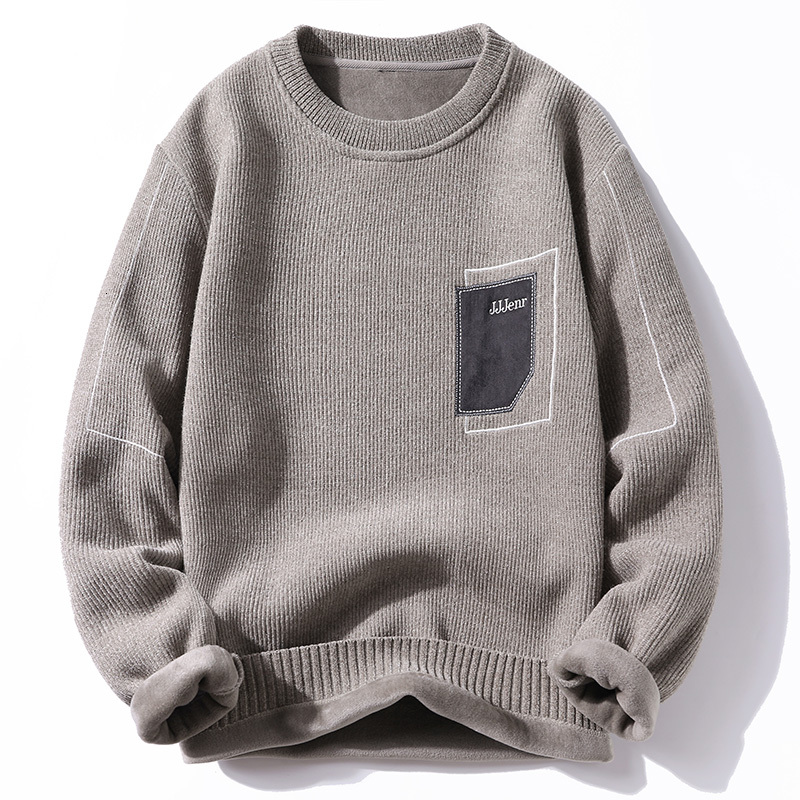 Chenier men's autumn and winter new one-piece warm velvet underwear line jacket round neck bottom knitted designer sweater men's trendy hood