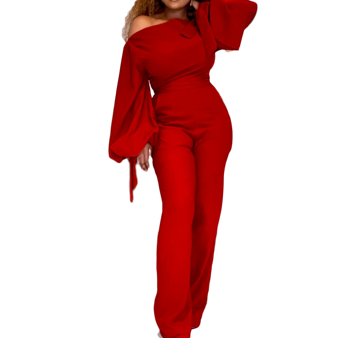 Q005t Autumn Fashion Slant Shoulder Long Sleeve Casual Large Size Women's Wide Leg Jumpsuit