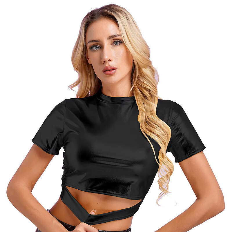 2025 women's tight bright top spring new patent leather hollow short jacket crop spice outfit