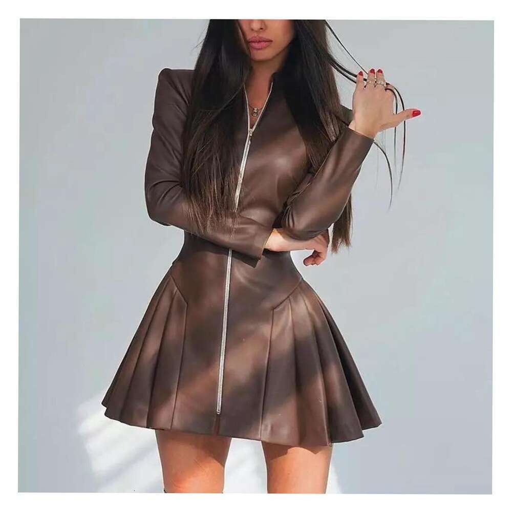 Women's fashion slim fit long sleeved pleated skirt PU leather zipper dress