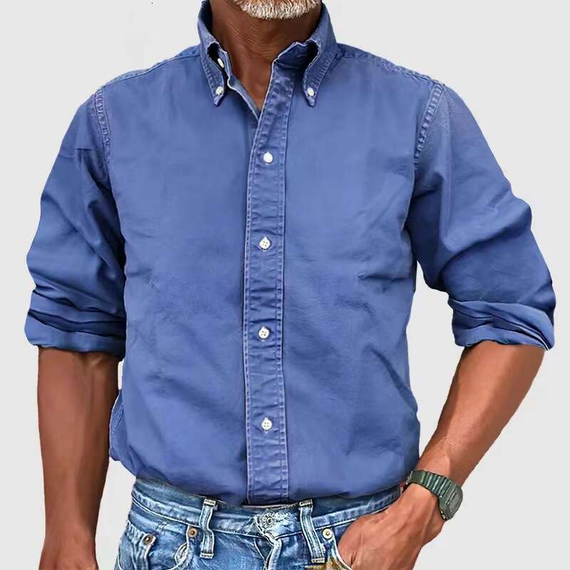 New European American casual imitation denim men's commuting collar button long sleeved solid color shirt 2024 new style chic and elegant clothin