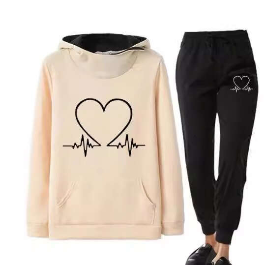 Spring and Autumn Winter Casual Sportswear Heartbeat Frequency Printed Women's Hoodie Sweatshirt Set 2024 Versatile New Trendy Clothing Ins