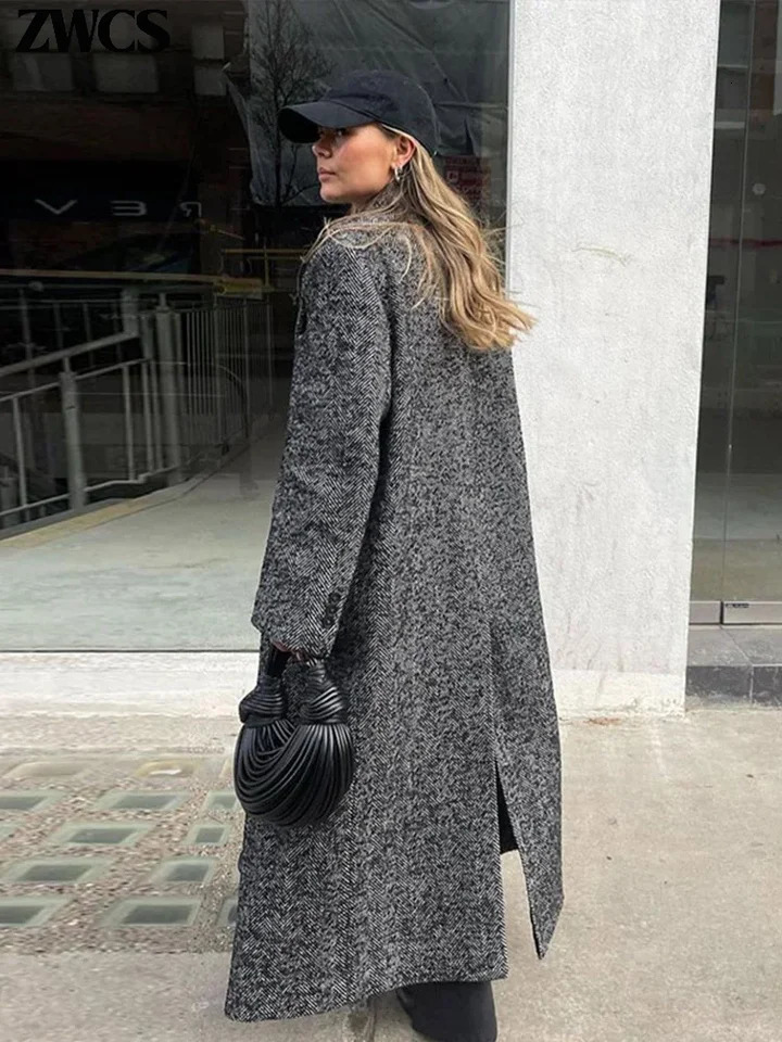 Street Ribbed Woolen Long Coat Women Elegant Double Breasted Lapel Full Sleeve Overcoat 2024 Autumn Winter Lady Chic Outwear 241121
