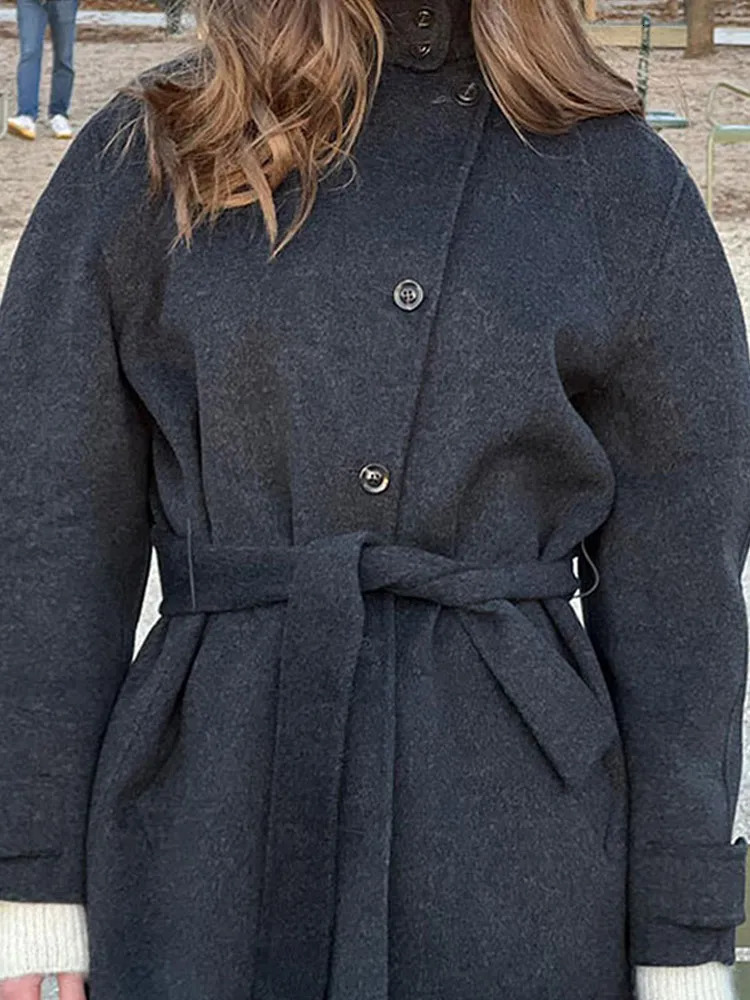 Winter Warm Lace up Womens Coat Solid Color Vintage Single Breasted Fashion Autumn Jackets Retro Outerwear 241121