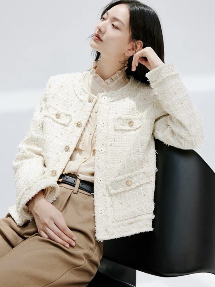 Beige Women's Tweed Fragrance, Autumn/Winter Jacket, Plaid Short Top, New One Piece Classic Jacket