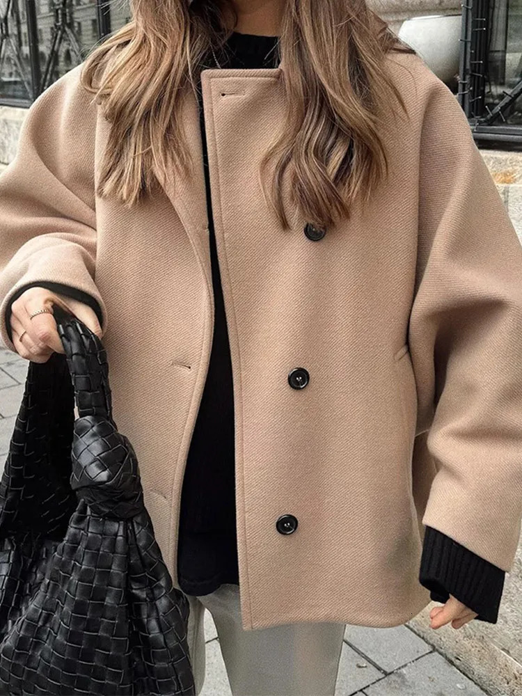 Autumn Solid Woolen Loose Short Coat Women Fashion Lapel Long Sleeved Warm Single Breasted Jacket 2024 Lady Commute Streetwear 241121