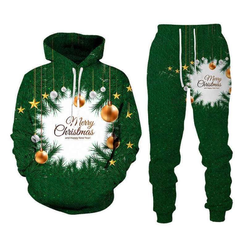 Autumn winter new set Christmas series 3D digital printing casual loose hooded sweatshirt and pants