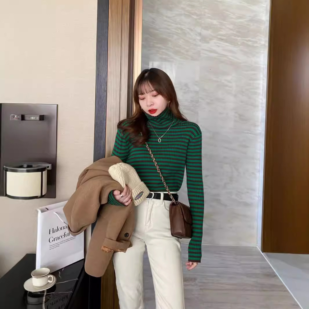 New autumn and winter striped women's shirt stand up collar slim fit fleece knitted sweater high elasticity designer warm vest