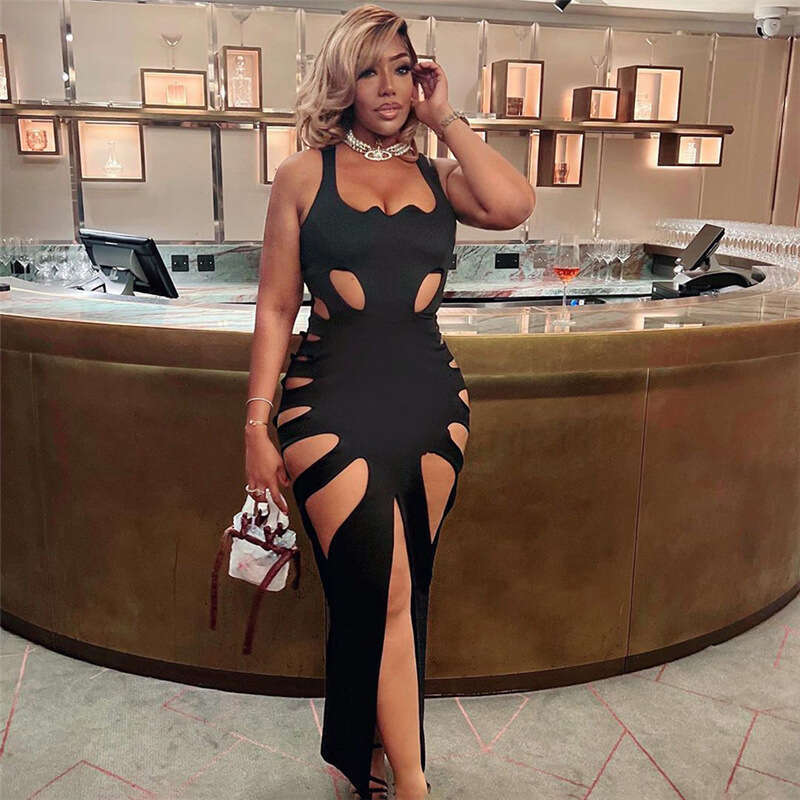 Feng 2023 Spring Women's New Fashion Hollow out Low Neck High Waist Wrap Hip Split Slim Fit Long Dress