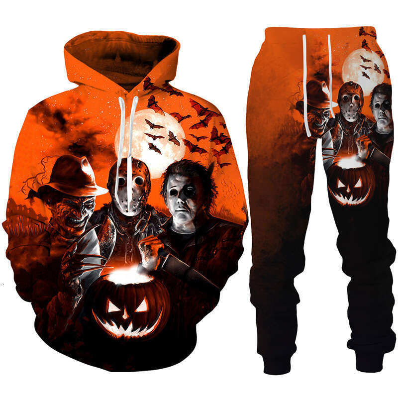 2024 new men's hooded set funny Halloween 3D digital printed sweatshirt pants