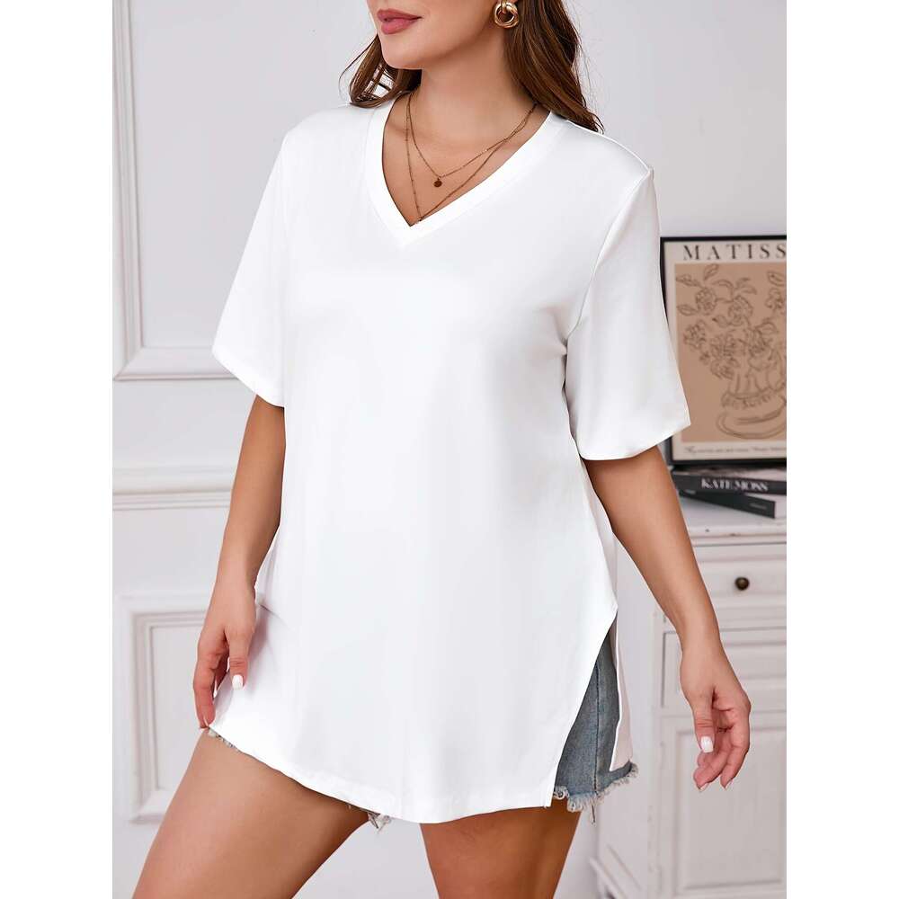 Elegant V-neck T-shirt skirt, side slit, solid color knitted polyester, slightly elastic, versatile top suitable for all seasons