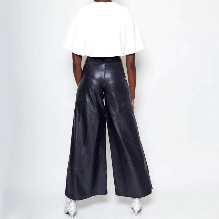 Fashion For Women, High Waisted Loose Pocket, Waist Cinched PU Leather Flared Pants, Casual Pants