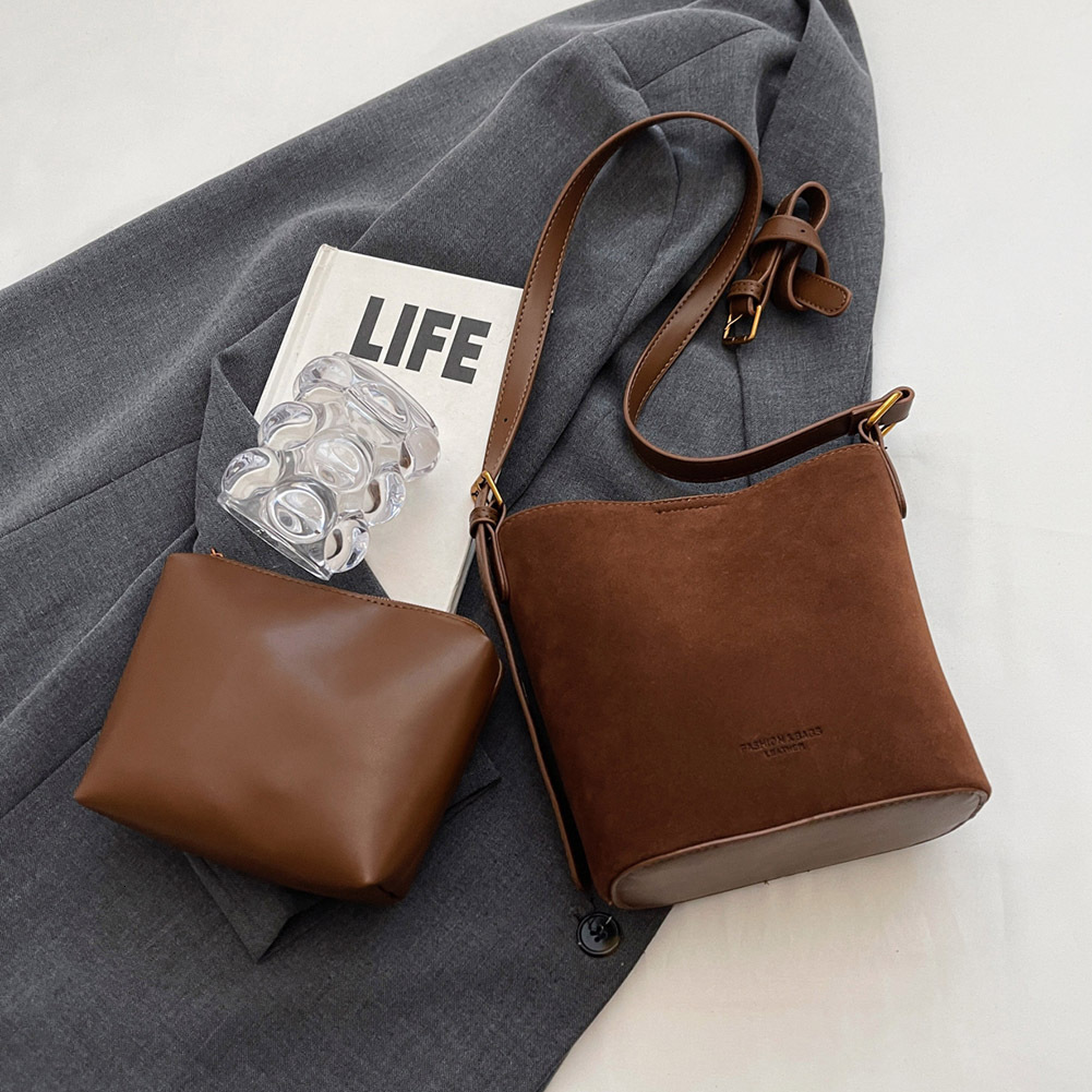 Women Fashion Retro Niche Design Suede Large Capacity Casual Leather Bucket Vintage Crossbody Satchel Bag