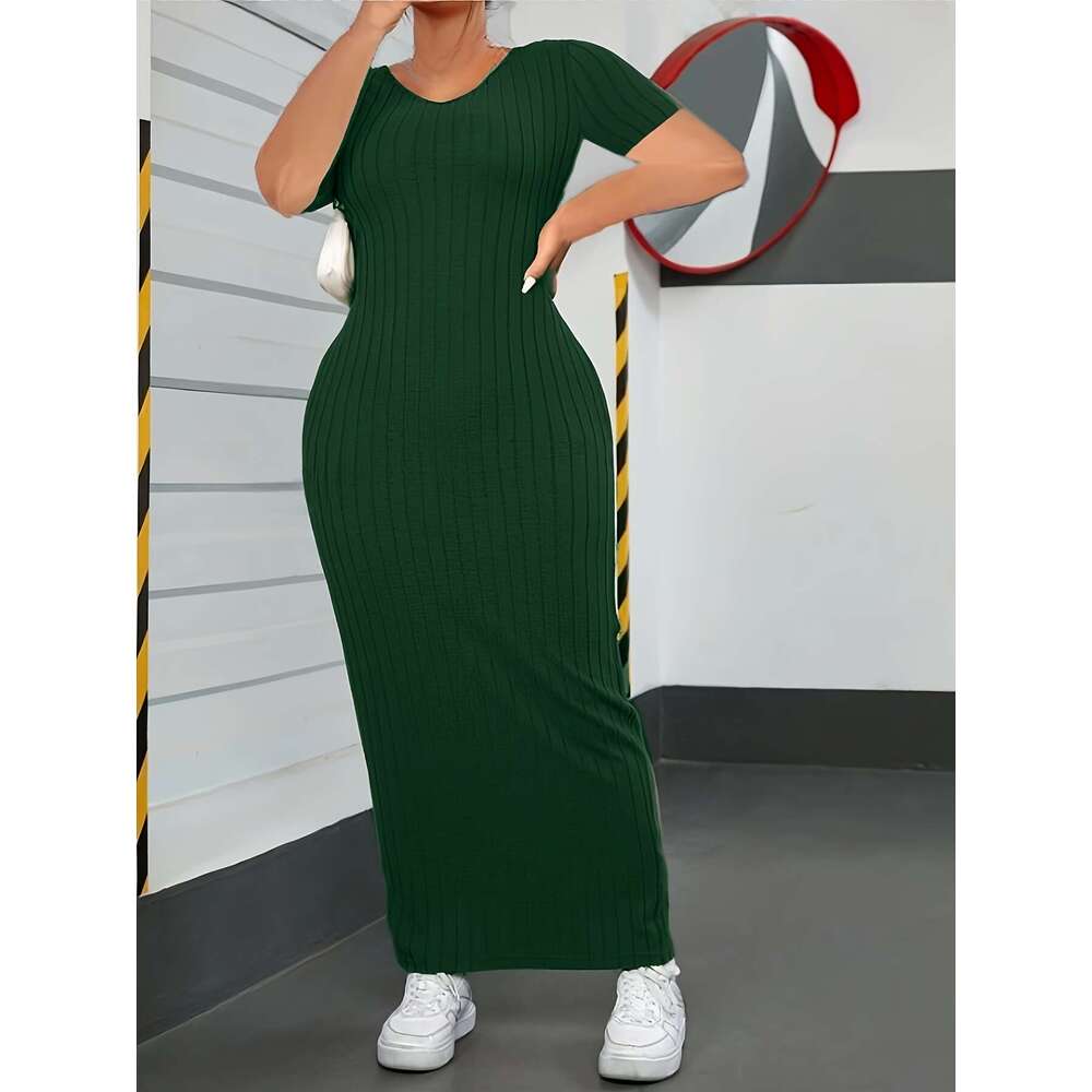 Large ribbed solid color tight elegant V-neck short sleeved dress, spring and summer, women's plus size clothing