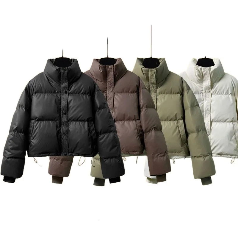Winter Warm Short Parka Y2K Fashion Pu Leather Crop Puffer Jacket Female Loose Streetwear Zipper Long Sleeve Down Coats 241125