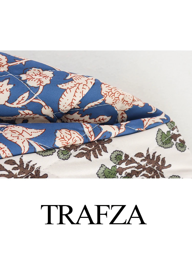 TRAFZA Vintage Womens Print Patchwork Cotton Jacket 2024 Quilted Long Sleeve Loose Short Warm Coat Autumn Winter Female Outwear 241120