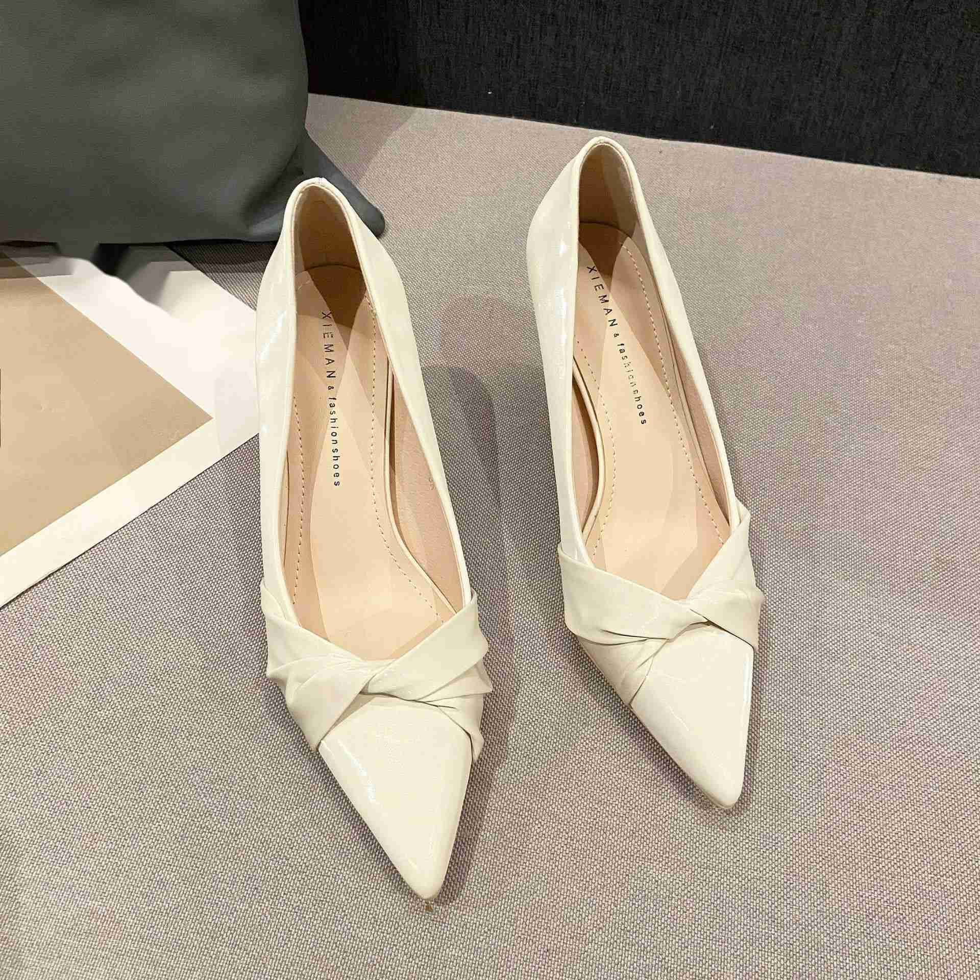 Spring Summer New Collection Solid Color Low Top Pointed Fine Heel 7CM Adhesive Shoes Daily 5CM Womens High Heels