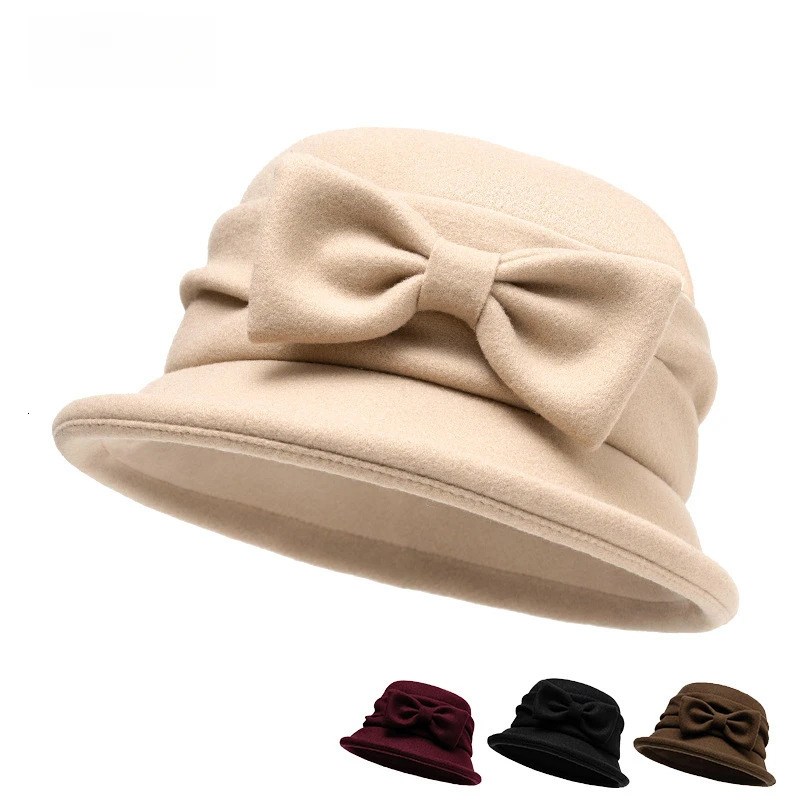 Womens Cotton Blend Fall Winter Bucket Hat 58cm Solid Color with Bow Small Brim Flat Top Fedoras 241125