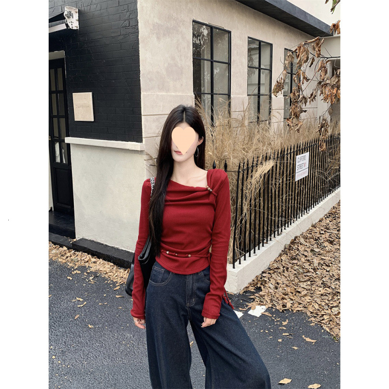 New Angola Red Bead Long Sleeve Knitted Women's Early Autumn New Tie up Folding Slim Fit Top Slant Shoulder Designer Sweater