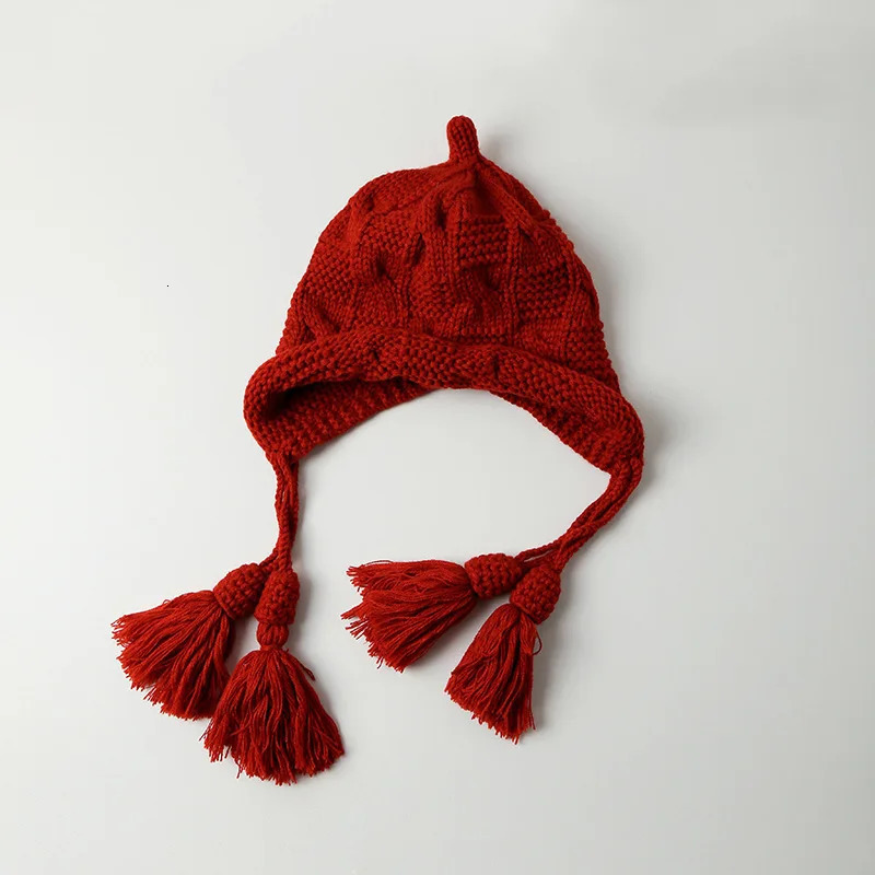 Winter Ear Protection Hat Women Fashion Tassels Handmade Knitted Cute Red Black Color Wool Beanie Outdoor Skull Cap 241125