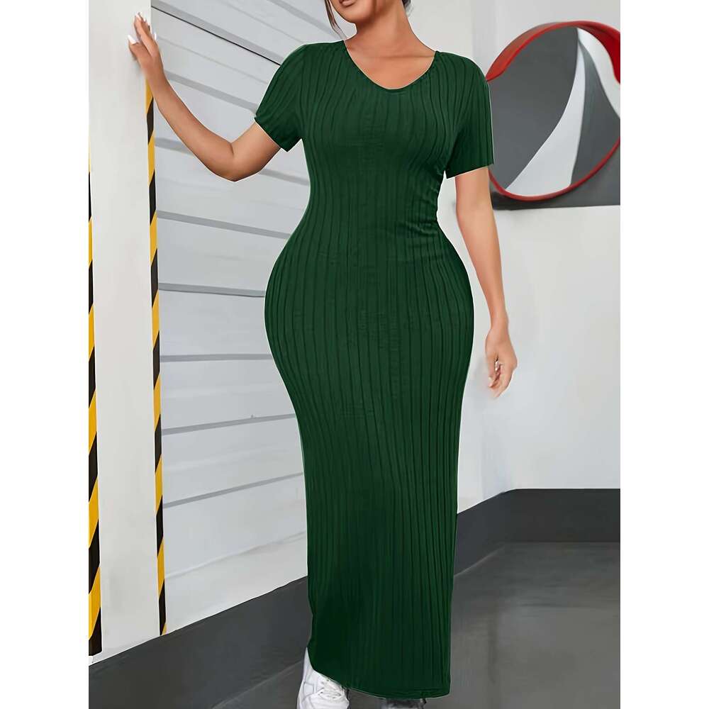 Large ribbed solid color tight elegant V-neck short sleeved dress, spring and summer, women's plus size clothing