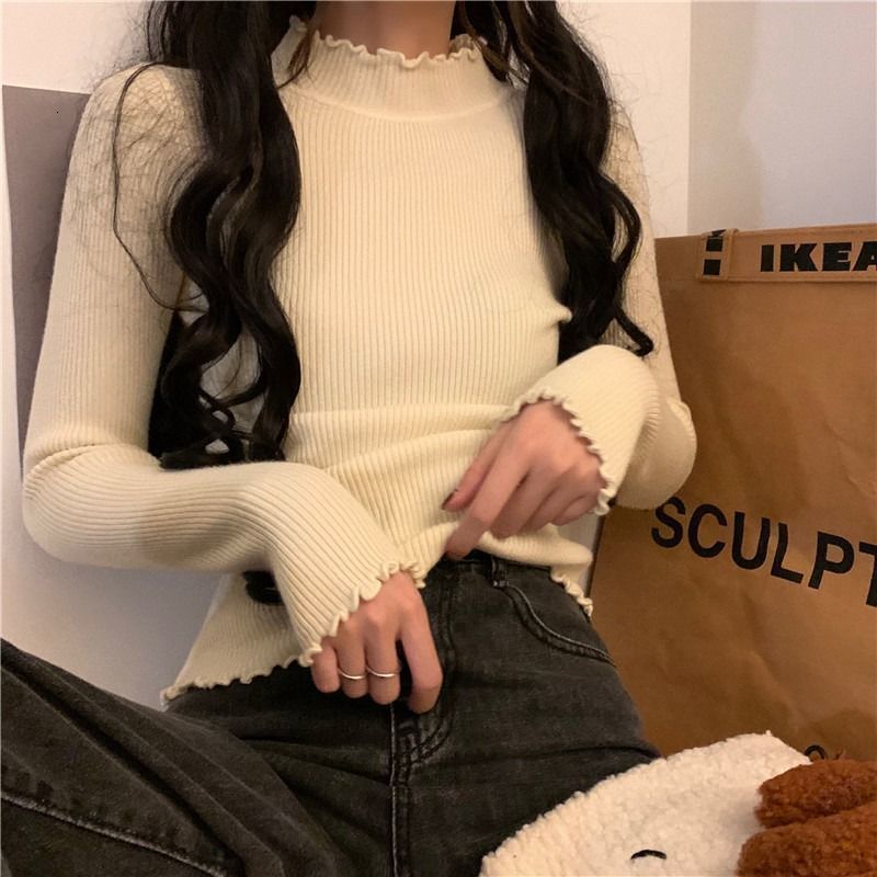 Autumn and Winter New Lace Sweater Half High Collar Knitted Top Slimming Black Bottom Shirt Mushroom Edge Designer Women's Interior