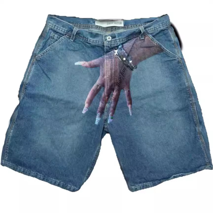 Y2k Hip-Hop Pattern Printed Denim Shorts, Men's High Street Trendy Couple Casual Capris