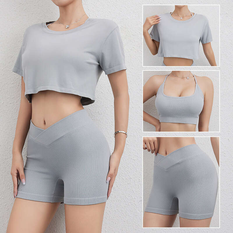 Summer Threaded Sexy Y-shaped Back Bra Yoga Suit Running Sports Fiess 3-Piece Set